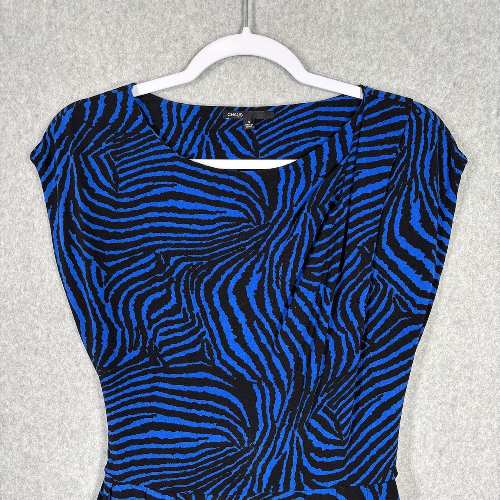 Chaus 80s Pleated Zebra Print Dress Small Blue Asymmetric Animal Abstract 90s
